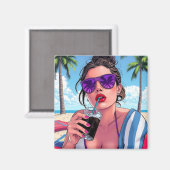 Paarse bikini, zonnebril en bandana vrouw magneet (Voorkant / Achterkant)