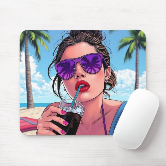 Paarse bikini, zonnebril en bandana vrouw muismat (Met muis)