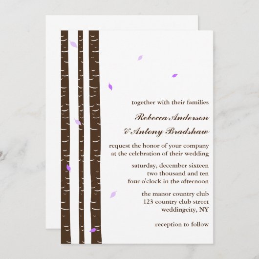 Paarse Birch Trees Wedding Kaart (Voorkant / Achterkant)