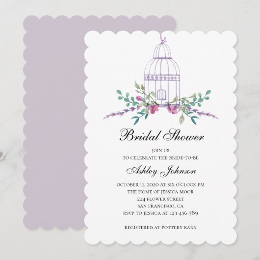 Paarse Birdcage bruidsdouche uitnodiging. Bloemen Kaart (Voorkant / Achterkant)