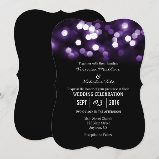Paarse Black Bokeh Glitter Lights Wedding Invites Kaart (Voorkant / Achterkant)