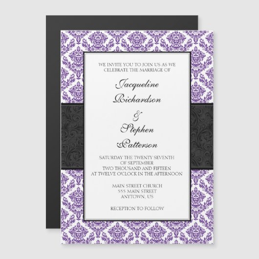 Paarse Black Damask Magnetic Wedding Invites Magnetische Uitnodiging (Voorkant / Achterkant)