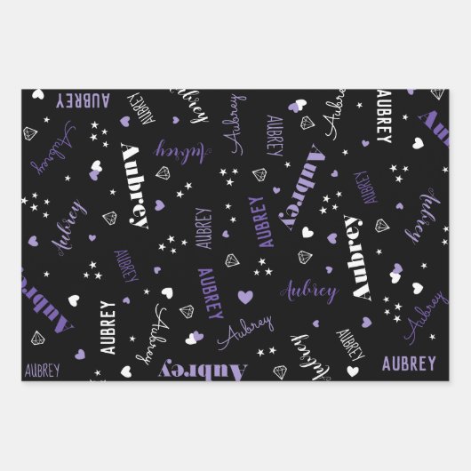 Paarse Black Diamonds hartsterren toevoegen naam Inpakpapier Vel (Voorkant)