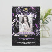 Paarse Black Floral Glam Foto GraduPartij Kaart (Staand voorkant)