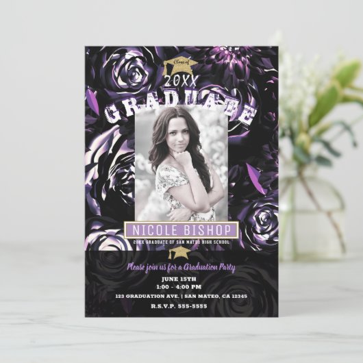 Paarse Black Floral Glam Foto GraduPartij Kaart (Staand voorkant)