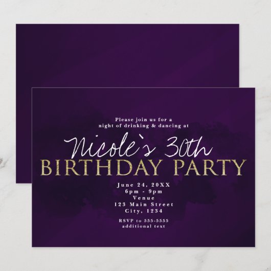 Paarse Black & Gold Glam Moderne feestuitnodiginge Kaart (Voorkant / Achterkant)