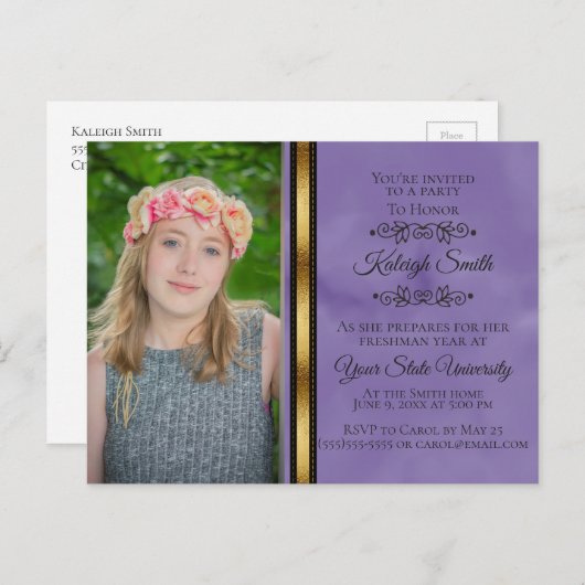 Paarse Black Gold Photo College Trunk Uitnodiging Briefkaart (Voorkant / Achterkant)