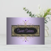 Paarse Black Gold Sweet Sixteen Verjaardagsfeest Kaart (Staand voorkant)