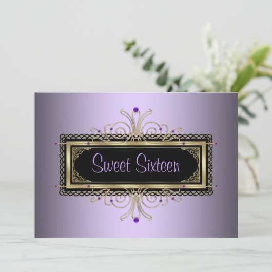 Paarse Black Gold Sweet Sixteen Verjaardagsfeest Kaart (Staand voorkant)