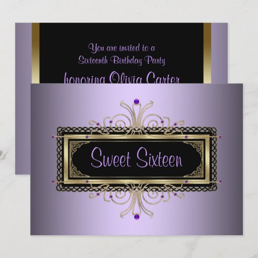 Paarse Black Gold Sweet Sixteen Verjaardagsfeest Kaart (Voorkant / Achterkant)
