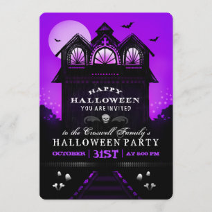 Paarse Black Haunted House Halloween Party Invite Kaart