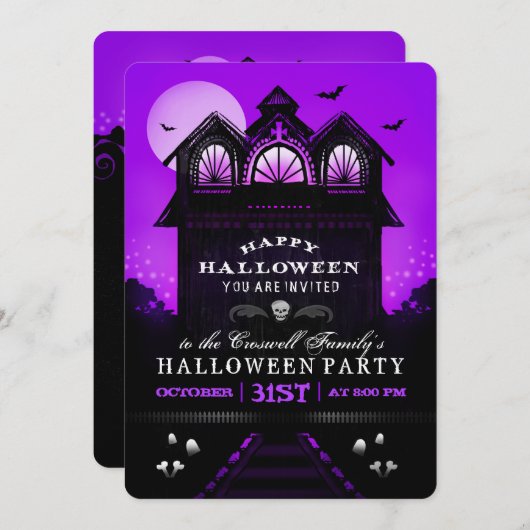 Paarse Black Haunted House Halloween Party Uitnodi Kaart