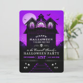 Paarse Black Haunted House Halloween Party Uitnodi Kaart (Staand voorkant)