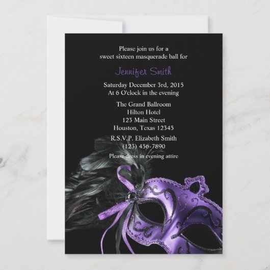 Paarse Black Masquerade Sweet 16 Ball Invitation Kaart (Achterkant)