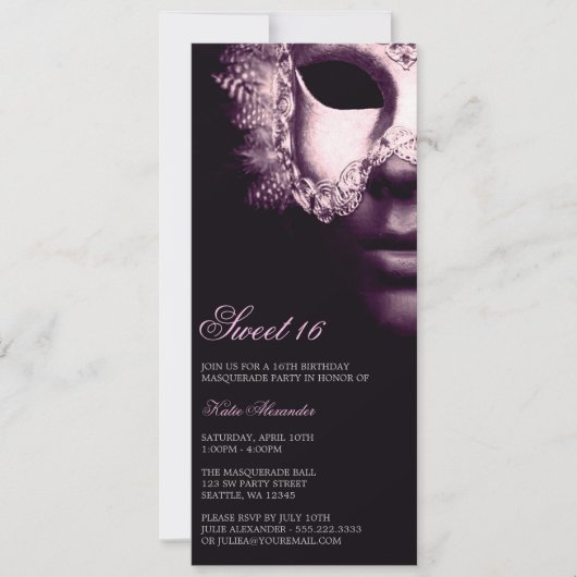 Paarse Black Masquerade Sweet 16 Birthday Invites Kaart (Voorkant)
