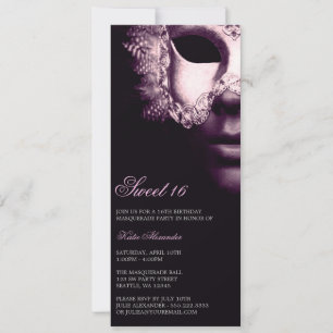 Paarse Black Masquerade Sweet 16 Birthday Invites Kaart