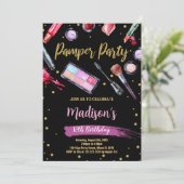 Paarse Black Pamper Party Verjaardagsuitnodigingen Kaart (Staand voorkant)