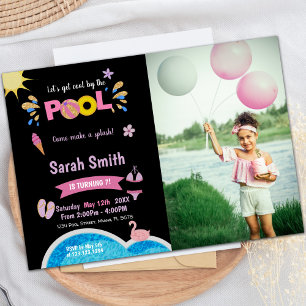 Paarse Black Pool Birthday-uitnodigingen met foto Kaart