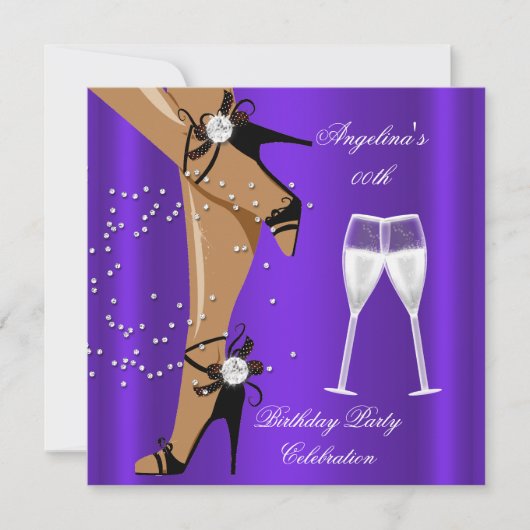 Paarse Black Shoes Champagne Glass Birthday Party Kaart (Voorkant)