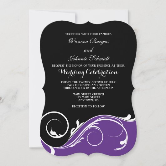 Paarse Black Swirl Bracket Wedding Invites Kaart (Voorkant)
