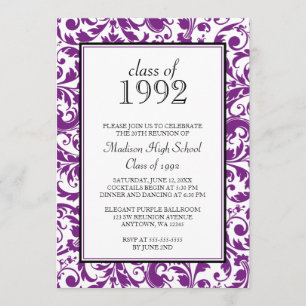 Paarse Black Swirl Damask Class Reunion Kaart