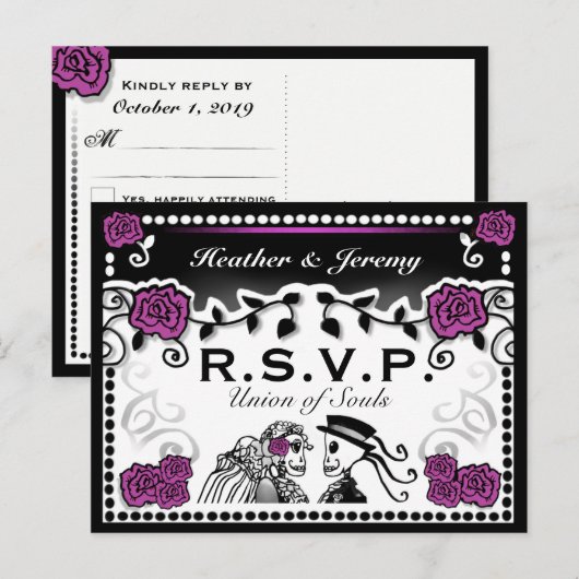 Paarse Black Union of Souls Wedding RSVP Briefkaar Uitnodiging Briefkaart (Voorkant / Achterkant)