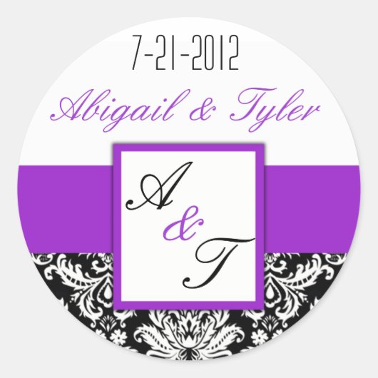 Paarse Black Wedding Monogram Damask Sticker (Voorkant)