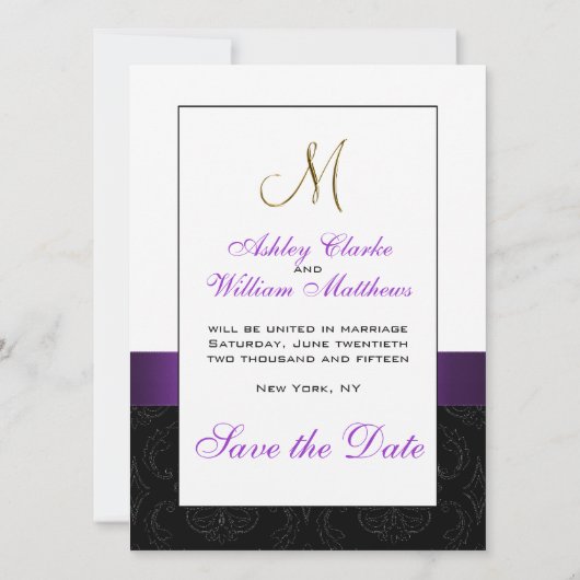 Paarse Black White Damask Save the Date (Achterkant)