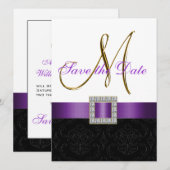 Paarse Black White Damask Save the Date (Voorkant / Achterkant)