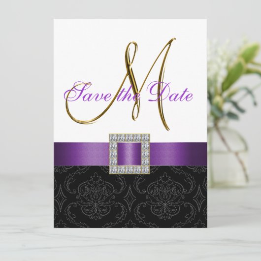 Paarse Black White Damask Save the Date (Staand voorkant)
