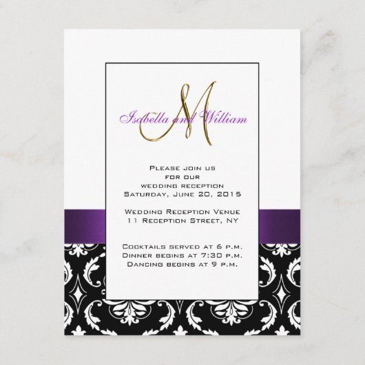 Paarse Black White Damask Weddenschapskaart Informatiekaartje (Achterkant)