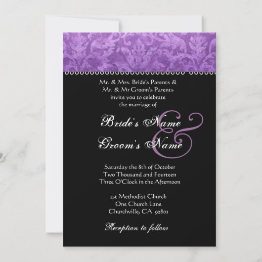 Paarse Black White Damask Wedding Invitation Kaart (Voorkant)