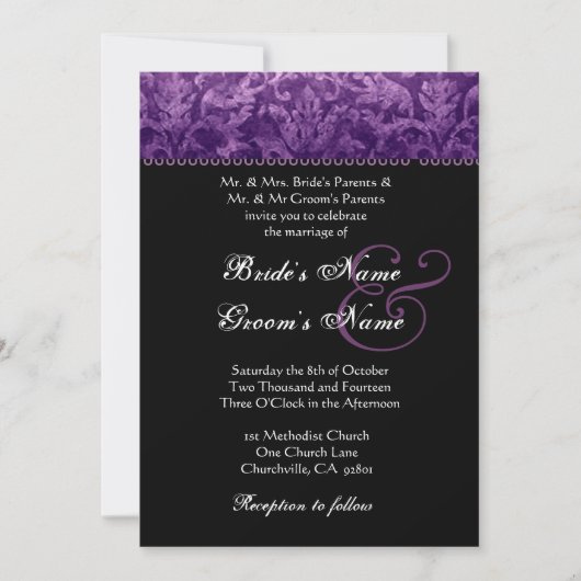 Paarse Black White Damask Wedding Invitation Kaart (Voorkant)