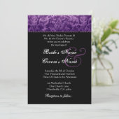 Paarse Black White Damask Wedding Invitation Kaart (Staand voorkant)