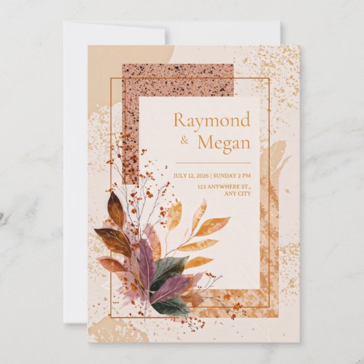 Paarse Blad Gespektelde Herfst Goud Frame Bruiloft Kaart (Voorkant)