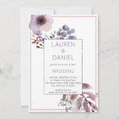 Paarse bladeren bloemen QR code bruiloft Kaart (Voorkant)