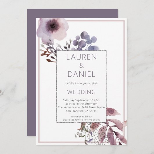 Paarse bladeren bloemen QR code bruiloft Kaart (Voorkant / Achterkant)