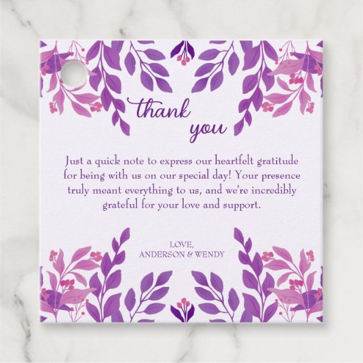 Paarse bladeren bruiloft thema bedankjes labels (Voorkant)