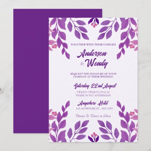 Paarse bladeren bruiloft thema kaart (Voorkant / Achterkant)