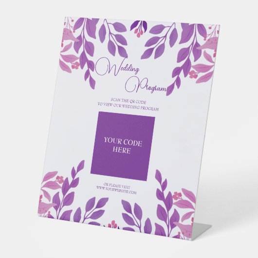 Paarse bladeren bruiloft thema reclamebord met voetstuk (Voorkant)
