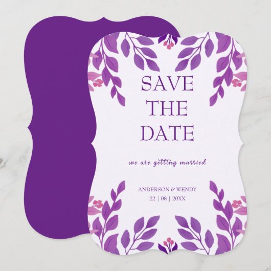 Paarse bladeren bruiloft thema save the date (Voorkant / Achterkant)