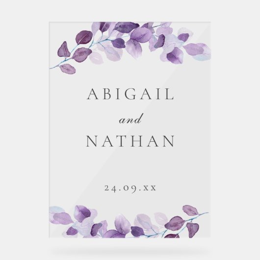 Paarse bladeren bruiloft welkomstceremonie groot t acryl bord (Voorkant)