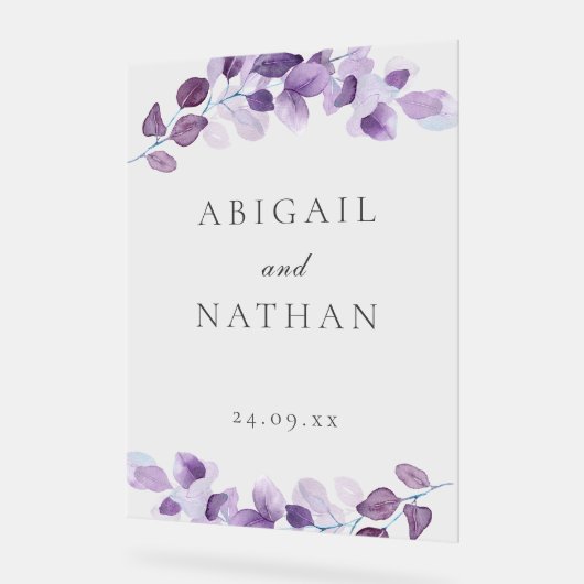 Paarse bladeren bruiloft welkomstceremonie groot t acryl bord (Hoek)