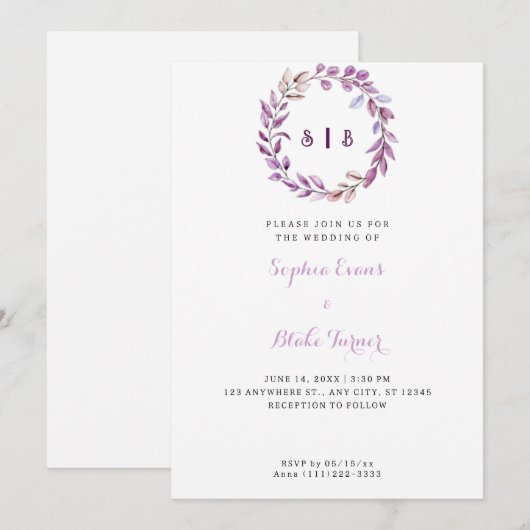 Paarse bladeren Monogrammed Wreath White Wedding Kaart (Voorkant / Achterkant)