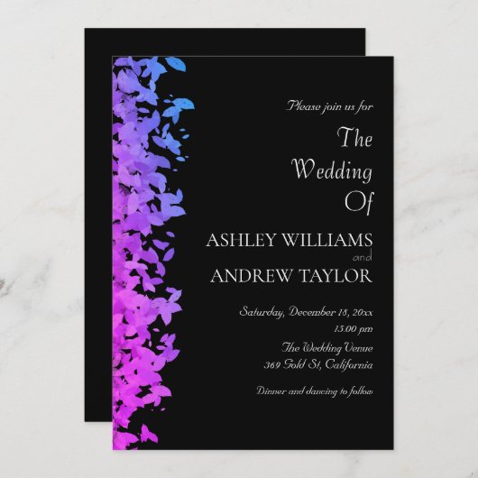 Paarse bladpatroon Elegante zwarte bruiloft Kaart (Voorkant / Achterkant)