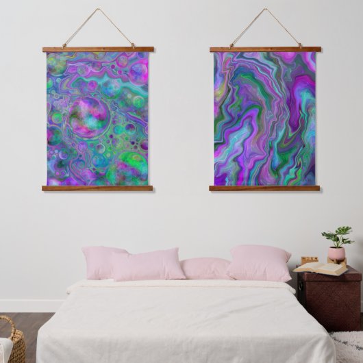 Paarse blauw-blauwe kunstzirlen en bubbels hangend wandkleed (Slaapkamer)