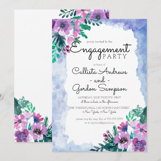 Paarse Blauw Bloemen Waterverf Bruiloft Verloving Kaart (Voorkant / Achterkant)