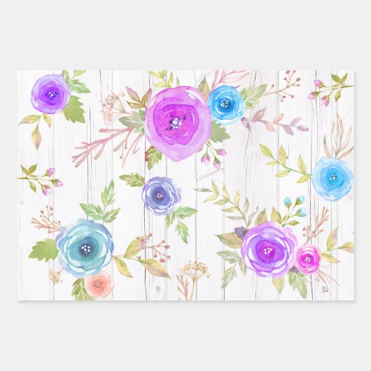 Paarse Blauw Bloemen waterverf Land Chique Elegant Inpakpapier Vel (Voorkant 2)