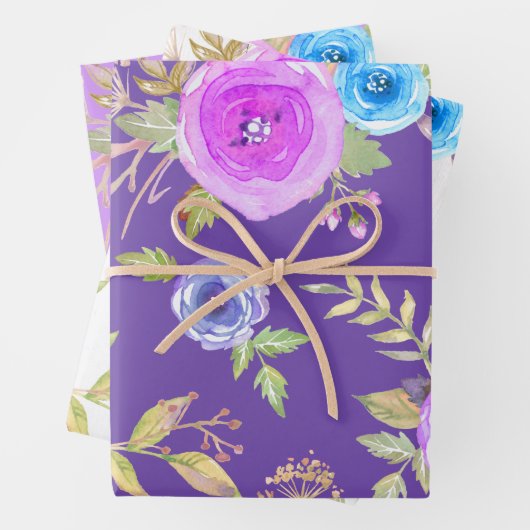 Paarse Blauw Bloemen waterverf Land Chique Elegant Inpakpapier Vel (In situ)