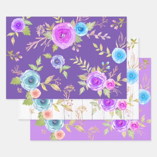Paarse Blauw Bloemen waterverf Land Chique Elegant Inpakpapier Vel (Set)
